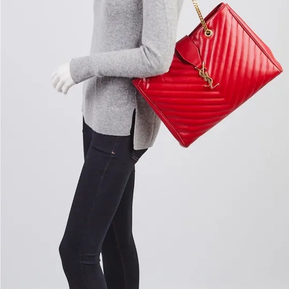Saint Laurent Chevron-Quilted Leather Shoulder Chain Tote Bag, Red - Picture 8 of 11